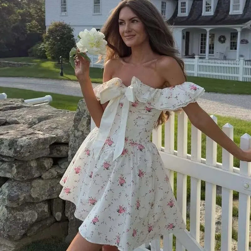 Summer Floral Print Bow Sexy Off Shoulder Dresses Short Sleeve Low Waist Elegant A-line Party Mini Dress