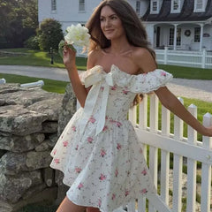 Summer Floral Print Bow Sexy Off Shoulder Dresses Short Sleeve Low Waist Elegant A-line Party Mini Dress