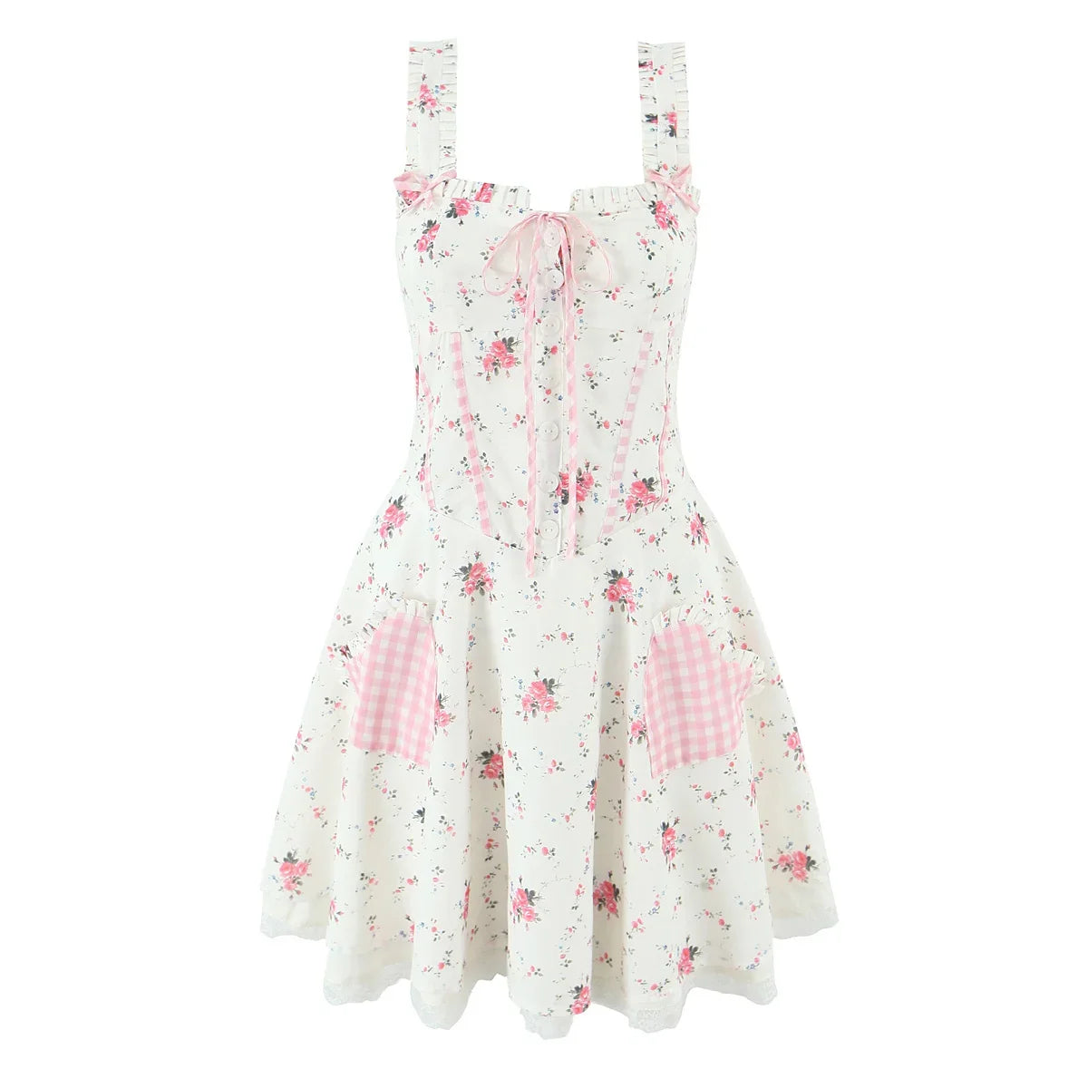 Sweet Floral Print Plaid Spliced Summer Mini Dresses