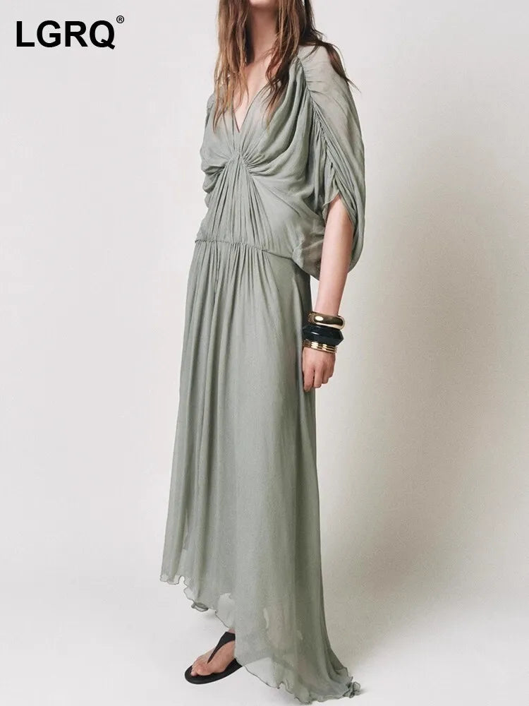 summer V-neck lantern batwing sleeves pleated green color slim high waist pullover loose Dresses