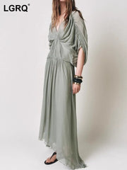 summer V-neck lantern batwing sleeves pleated green color slim high waist pullover loose Dresses