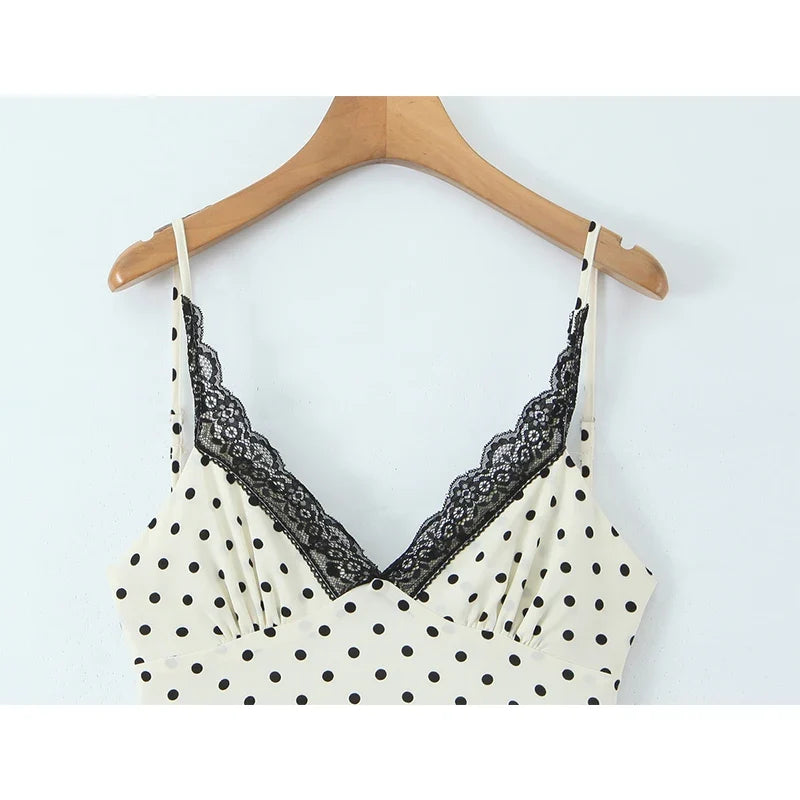 Sexy Backless Lace Trim V Neck Polka Dot Sling Dresses