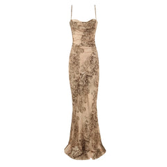 Elegant Golden Printed Satin Spaghetti Strap Maxi Dresses