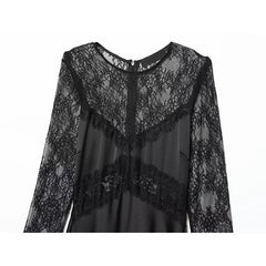 Lace Patchwork Black Satin Long Dresses