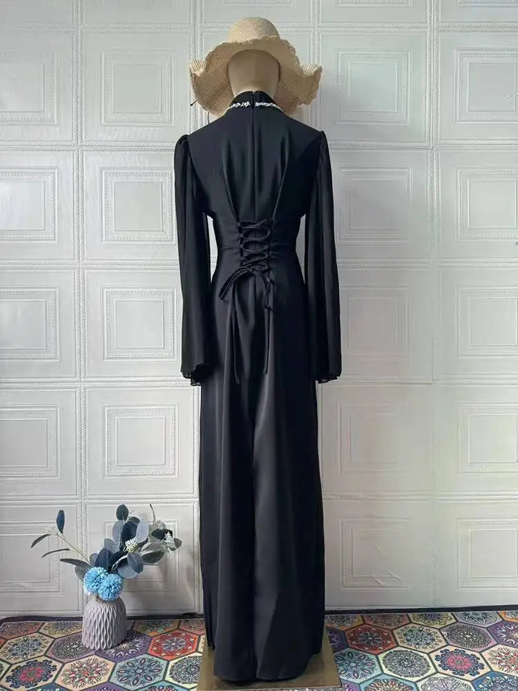Temperament Half High Collar Bat Sleeve Diamond Gauze Splicing Dresses