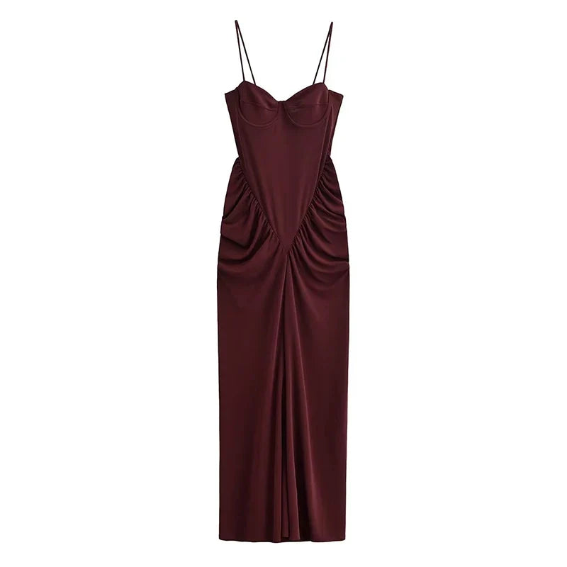 Sexy Burgundy Spaghetti Strap Corset Maxi Dresses Sweetheart Neck Ruched Waist Formal Evening Gown