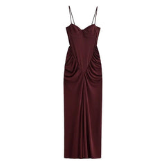 Sexy Burgundy Spaghetti Strap Corset Maxi Dresses Sweetheart Neck Ruched Waist Formal Evening Gown