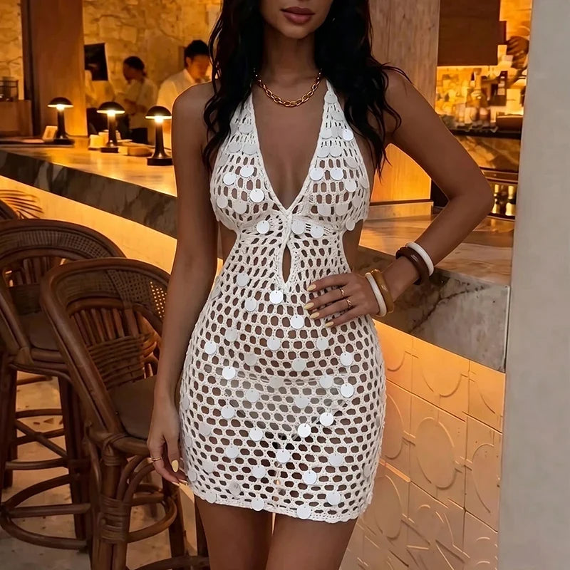 Beach Vacation Sexy Dresses Sequin Knitted Hollow Slim Fit Mini Dresses