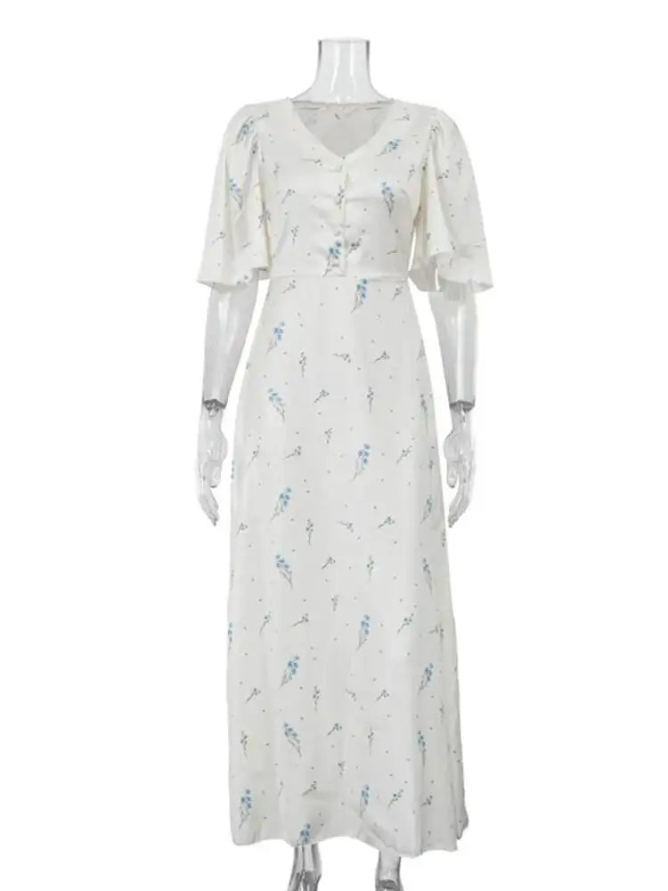 Sweet Printed Satin V-neck Short Sleeved Waist Cinched Dresses