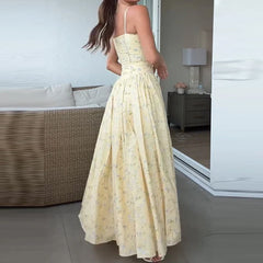 Sexy Backless High Waist Long Dresses Floral Print Camisole Summer Dresses