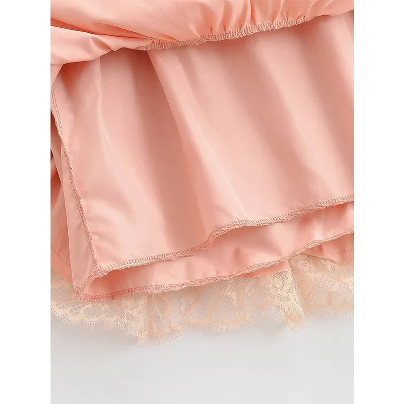 Lace Trim Spaghetti Strap Ruffle Hem Satin Sling Mini Dresses