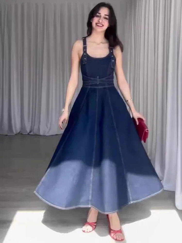 Summer Detachable Strap Backless Design Waist-Cinching Long Denim Dresses