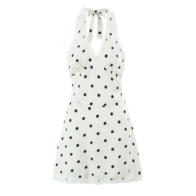 Lace Spliced Polka Dot Halter Dresses