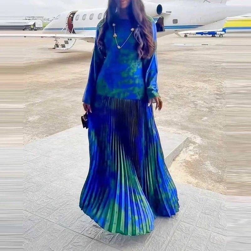 Casual Long Sleeved O-neck Dresses Vintage Pattern Printed Pleated Holiday Dresses