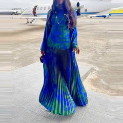 Casual Long Sleeved O-neck Dresses Vintage Pattern Printed Pleated Holiday Dresses