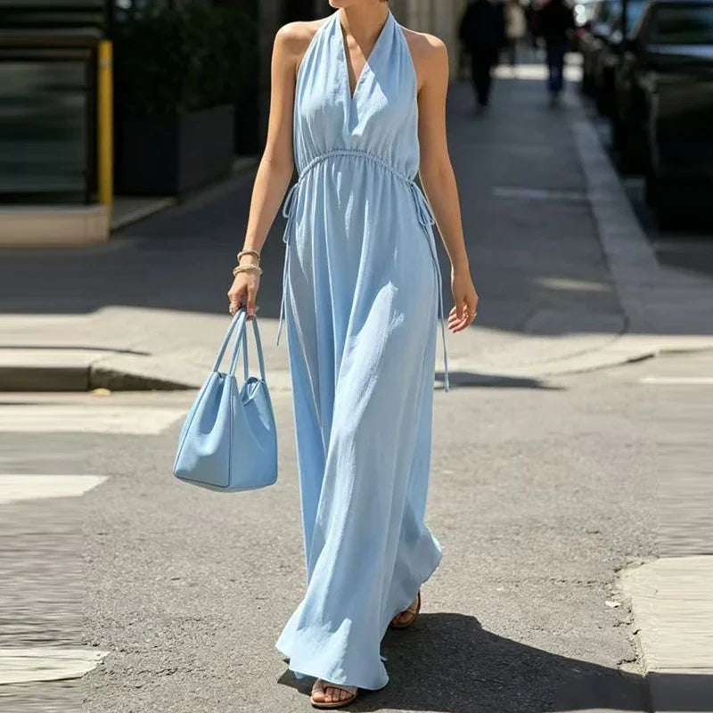 V-neck Drawstring Loose Maxi Dresses