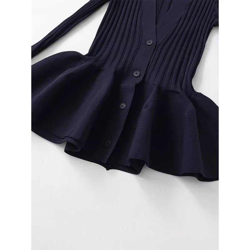 Spring Front Button Bud Navy Blue Knit Mini Dresses Long Sleeve V Neck Chic Outfits