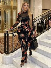 Print O-neck Ruched Ribbon Bodycon Long Maxi Dresses