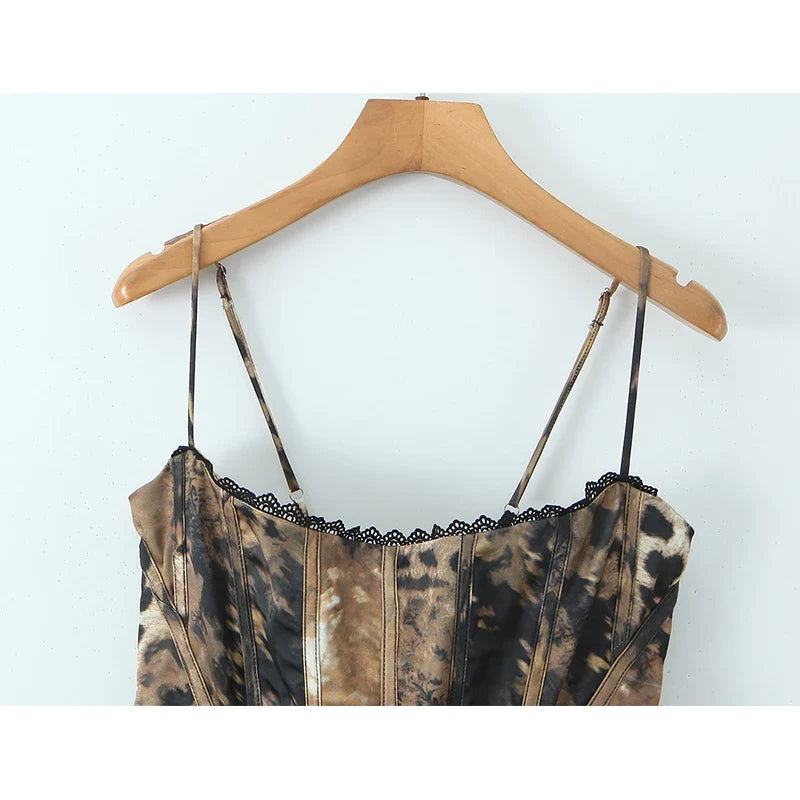 Spice Girls Sexy Leopard Satin Corset Camis Lace Up Bandage Back Fit Slim Y2K Summer Tops For Beach Party Club Streetwear