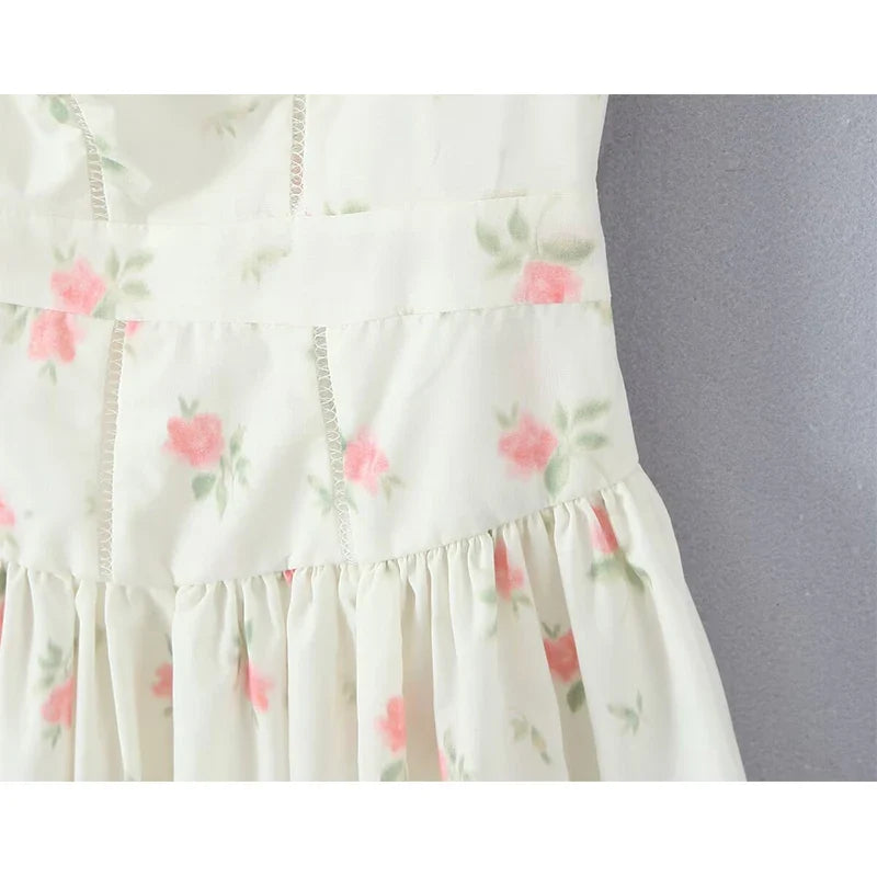 Sexy Spaghetti Straps Floral Print Mini Dresses Low Waist A-line Summer Vacation Party Robe