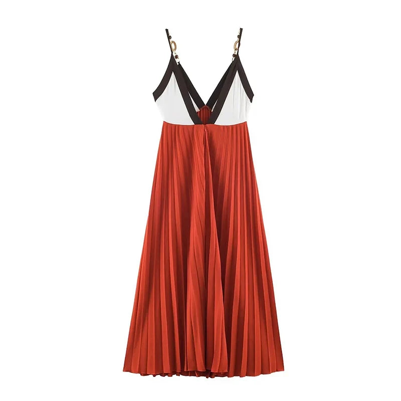 Color Block V Neck Chain Strap Pleated Midi Dresses