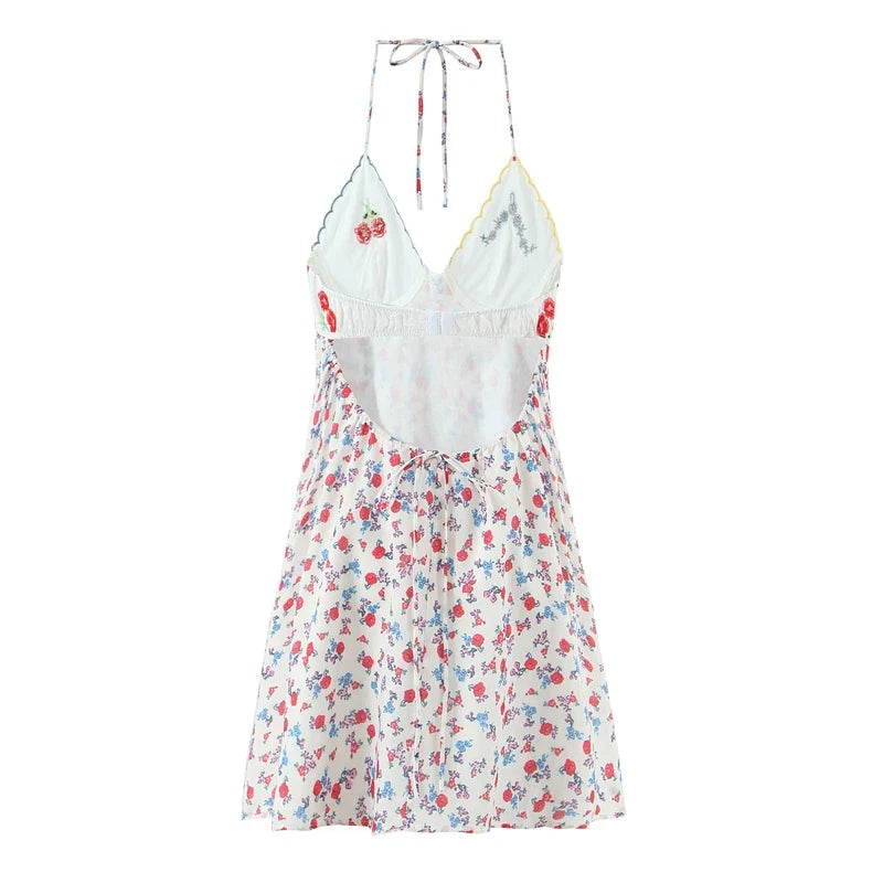 Sexy Backless Floral Print Halter Mini Dresses