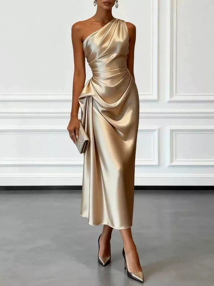 Slanted Neck Draped Summer Long Dresses