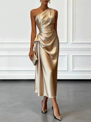 Slanted Neck Draped Summer Long Dresses