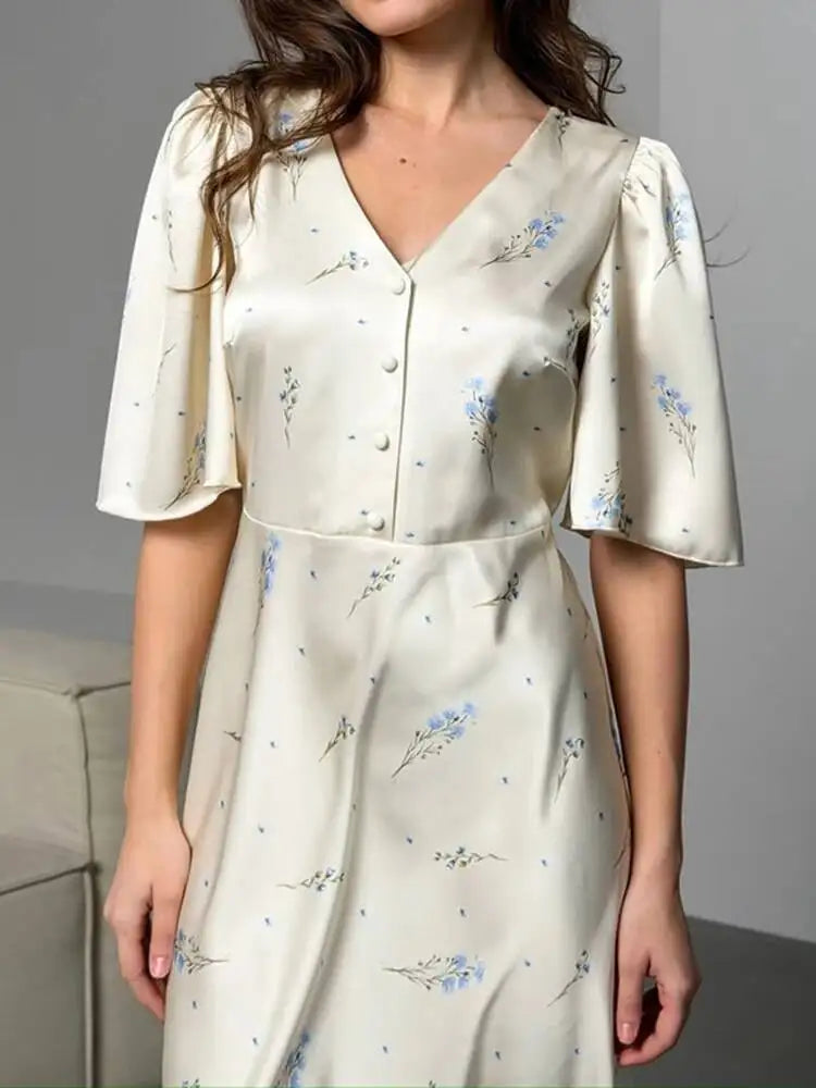 Sweet Printed Satin V-neck Short Sleeved Waist Cinched Dresses
