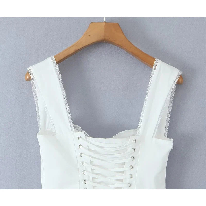 Sweet Elegant Lace Spliced Bandage Sleeveless White Dresses
