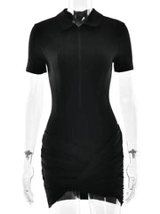 Simple Polo Collar Short Sleeved Slim Fit Hip Hugging Jumpsuit Clothing Summer 19DB1986