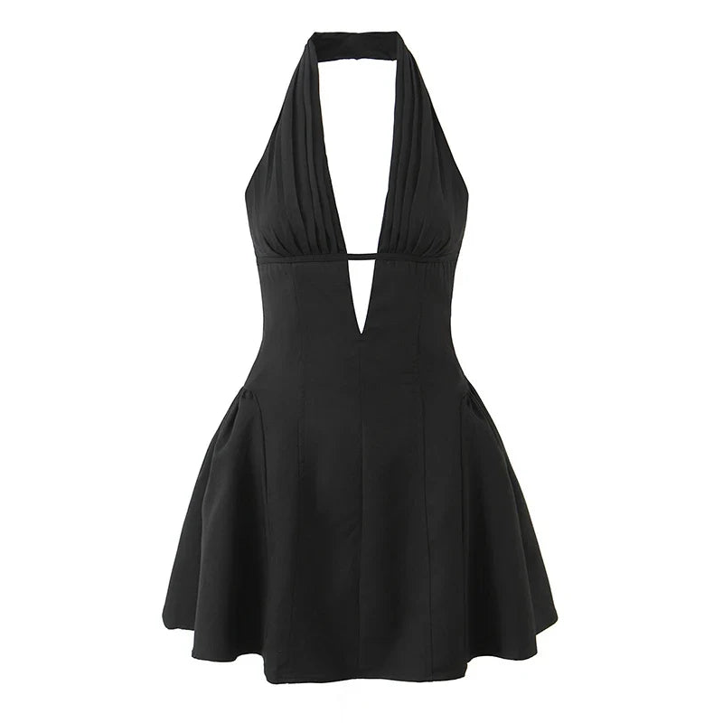 Sexy Deep V Halter Black White Mini Dresses