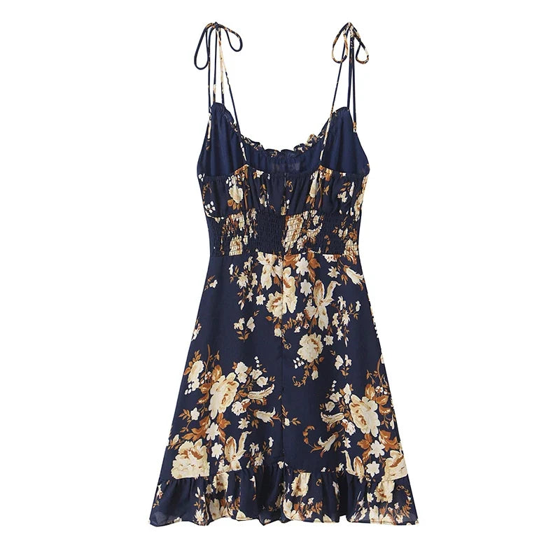 French Vacation-style Floral Print Slim Fit Sling Dresses