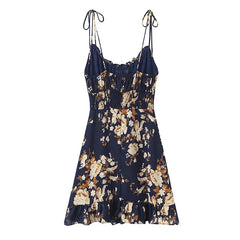 French Vacation-style Floral Print Slim Fit Sling Dresses