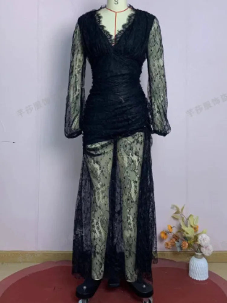 Temperament V-neck Long Sleeved Lace Pleated Waist Slimming Dresses