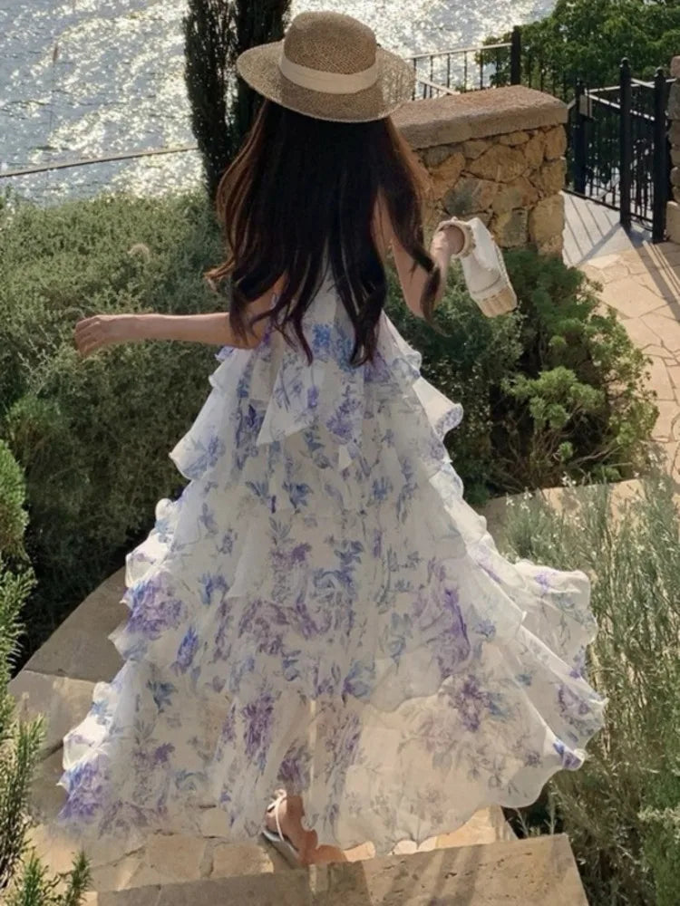Sweet Printed Hanging Neck Dresses