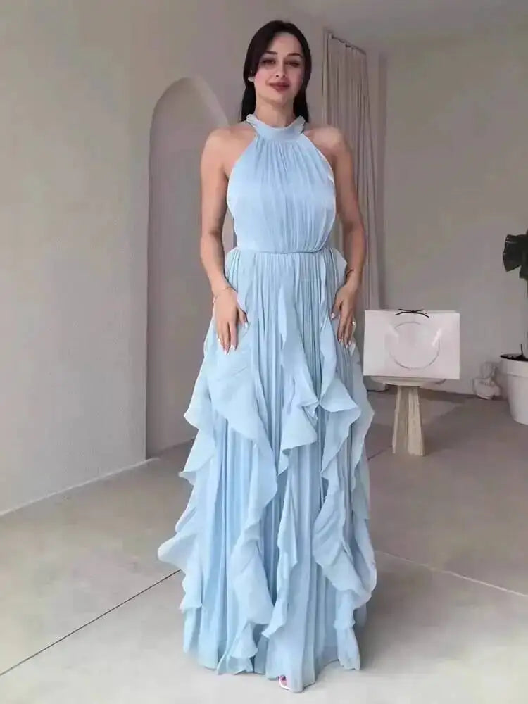 Elegant Waist-Cinching Ruffle Hem Long Sleeveless Dresses