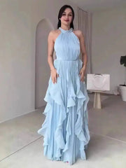 Elegant Waist-Cinching Ruffle Hem Long Sleeveless Dresses