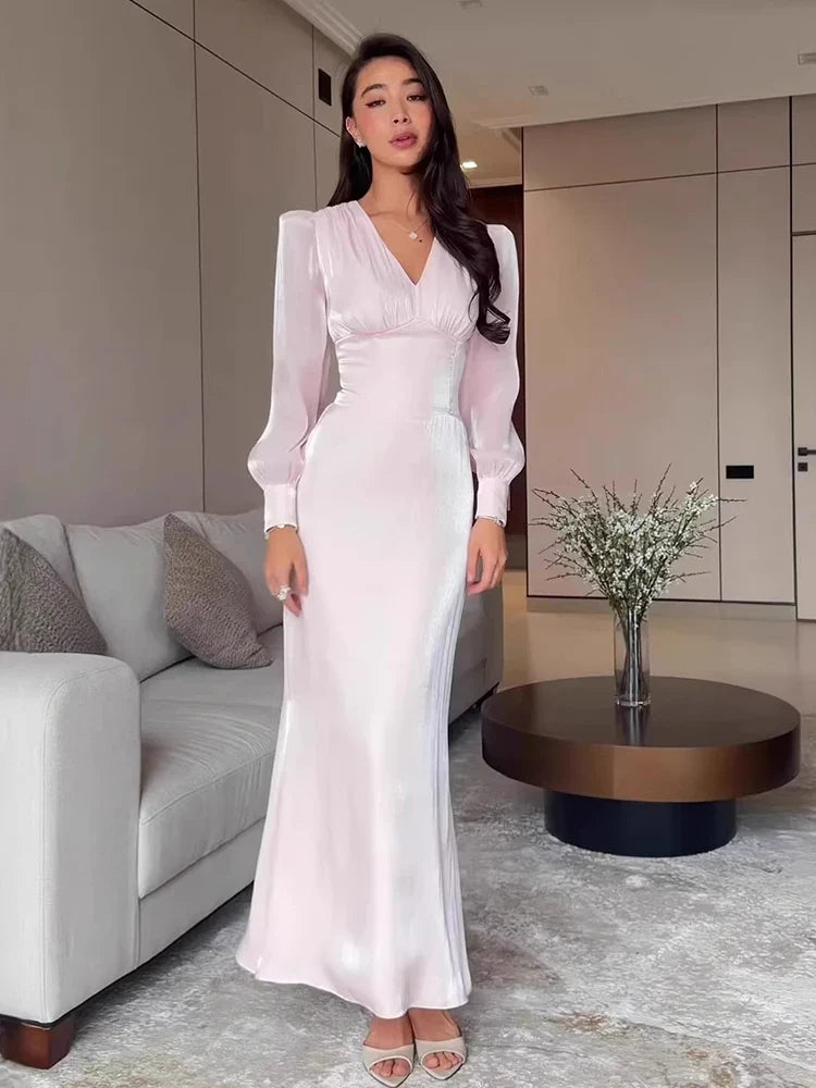 Elegant V Neck Puff Sleeve Maxi Dresses