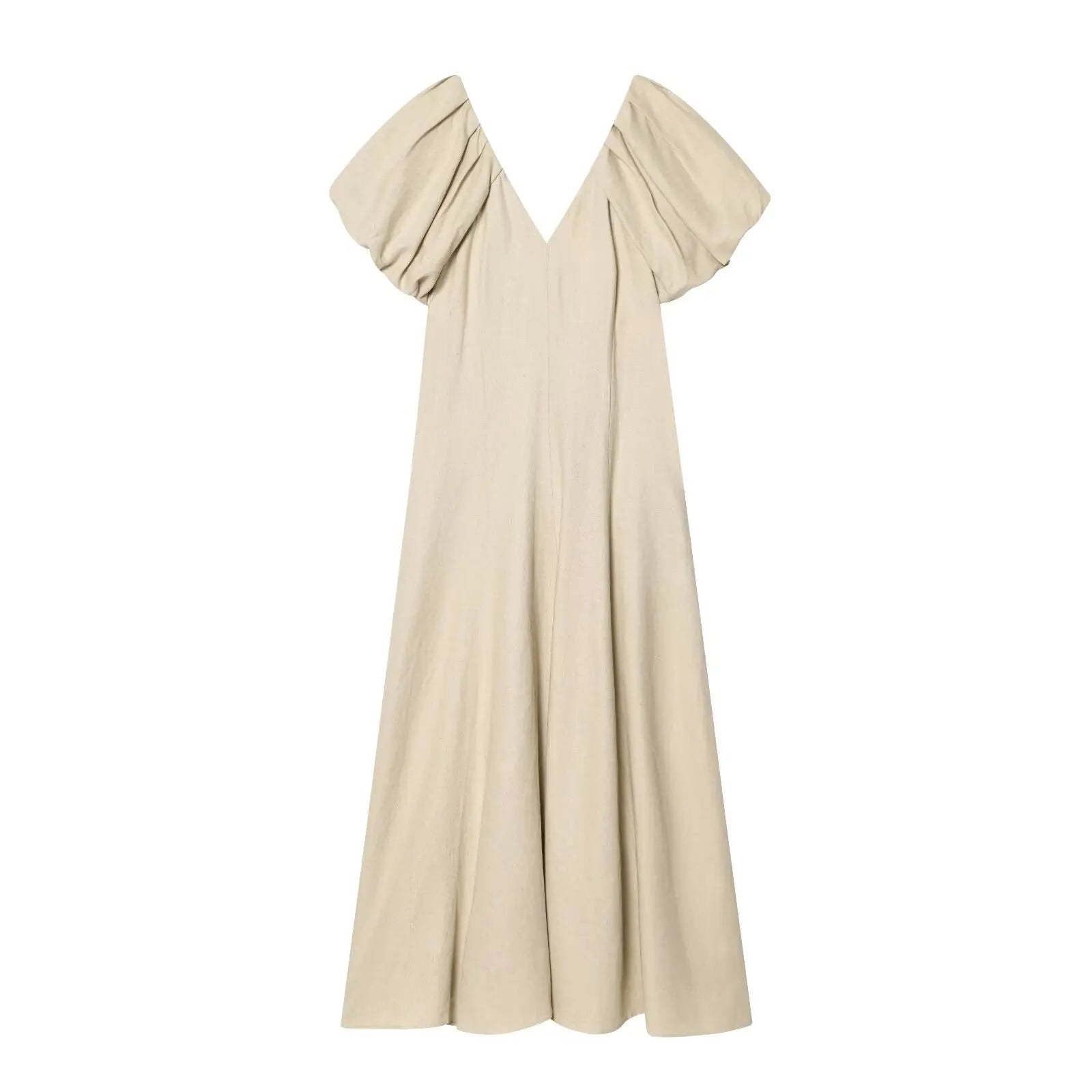 Summer Solid V Neck Puff Sleeve Midi Dresses