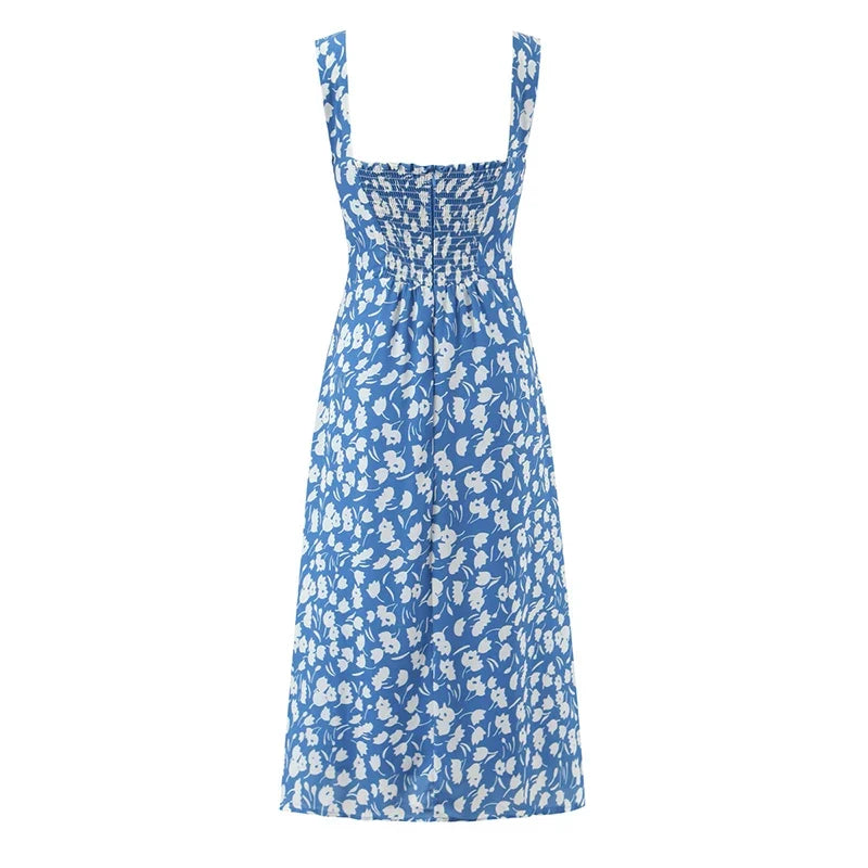 Sexy Hem Slit Blue Floral Print Tank Dresses
