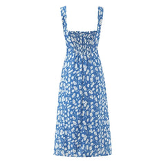 Sexy Hem Slit Blue Floral Print Tank Dresses