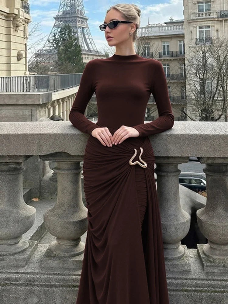 Solid Color Round Neck Long Sleeve Dresses