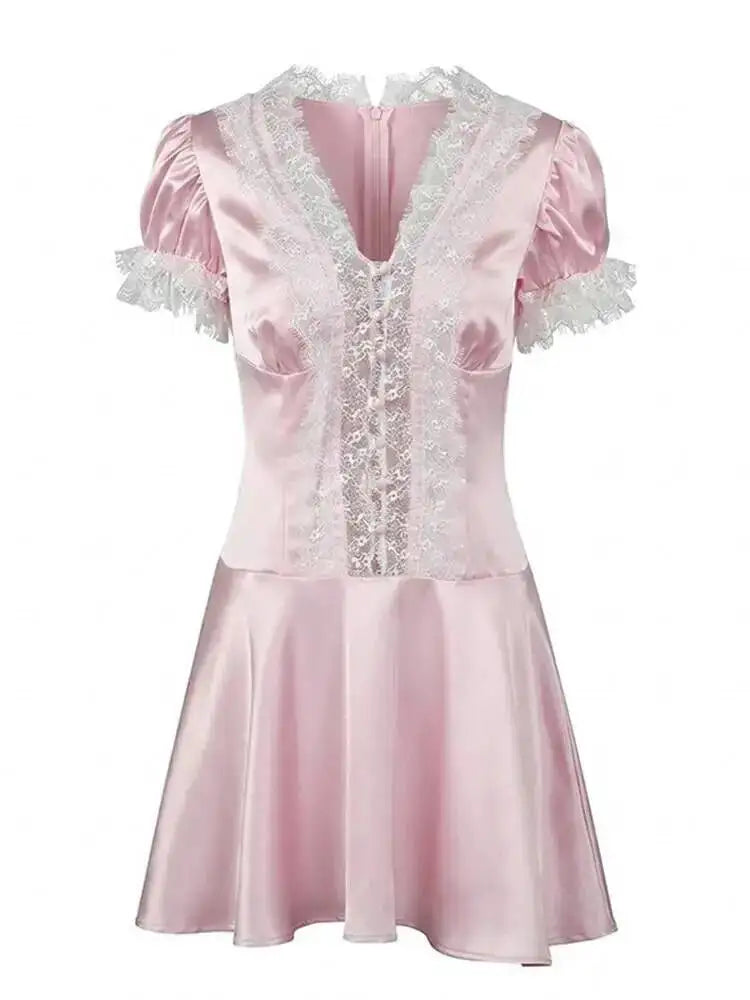 Satin V-neck Bubble Sleeve Lace Patchwork Dresses