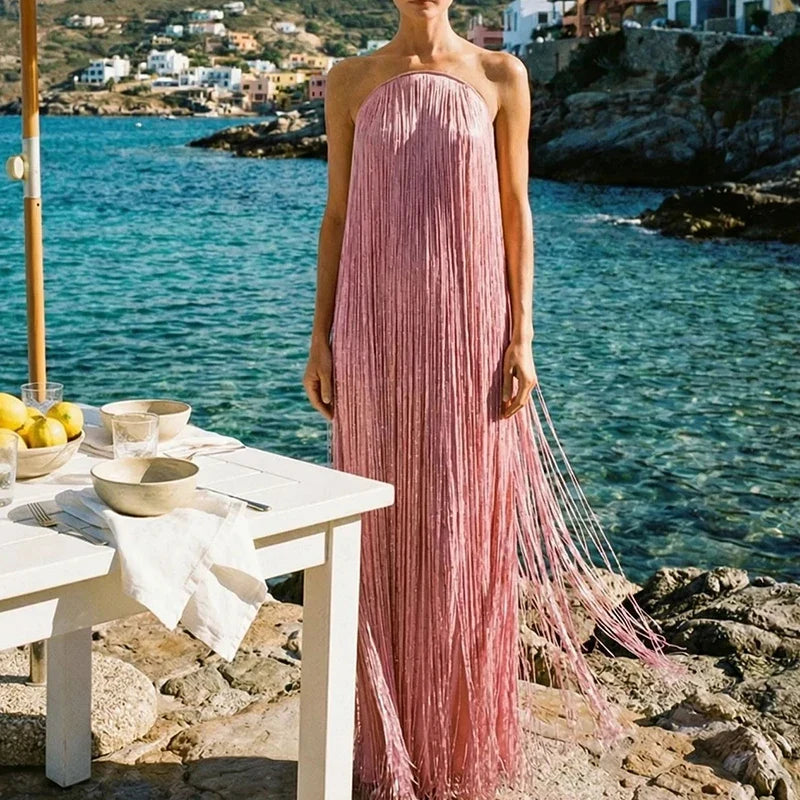 French Style Strapless Tassel Evening Dresses