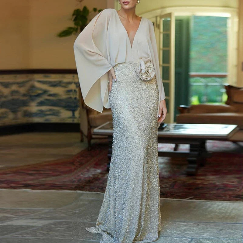 Deep V Neck Long Sleeved Dresses