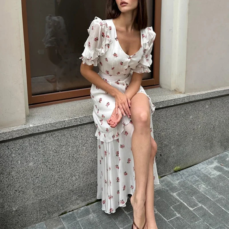 Casual Ladies V-neck Beach Long Dresses Sweet Floral Print Holiday A-line Dresses