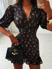 Temperament V-neck Floral Print Mini Dresses