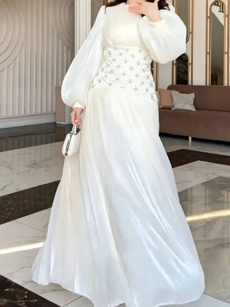 Elegant Satin Round Neck Lantern Sleeve Studded Diamond Waist Dresses