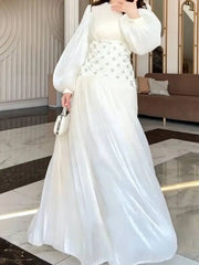 Elegant Satin Round Neck Lantern Sleeve Studded Diamond Waist Dresses